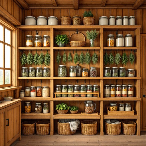 Organized homestead pantry with preserved food and long-term storage supplies